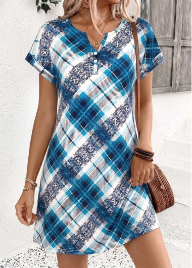 women clothes image of Blue Plaid Short Tummy Coverage Split Neck Dress