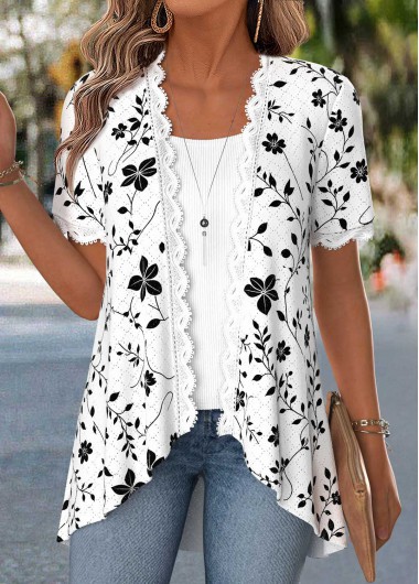 women clothes image of Raw White Floral Print Fake Two Piece Twinset