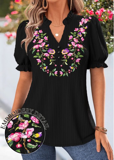 women clothes image of Black Floral Print Curved Hem Short Sleeve Blouse