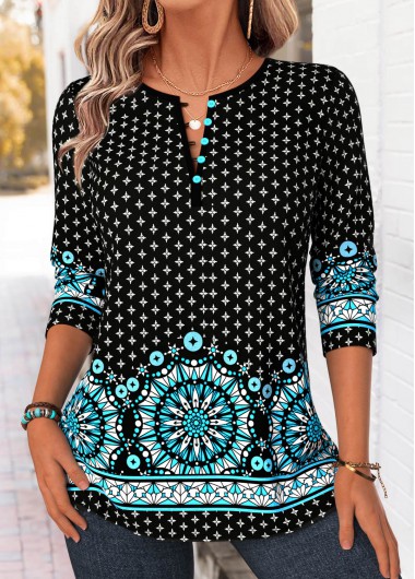 women clothes image of Black Tribal Print Button 3/4 Sleeve Split Neck Blouse