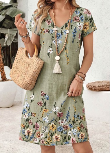 women clothes image of Green Floral Print Short Sleeve V Neck Dress