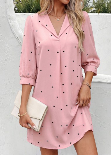 women clothes image of Pink Heart Print Short Tummy Coverage 3/4 Sleeve Dress