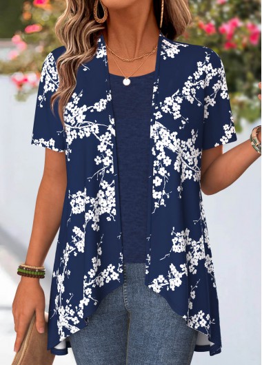 women clothes image of Navy Floral Print Tummy Coverage Fake Two Piece Twinset