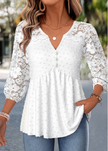 women clothes image of White Curved Hem 3/4 Sleeve Split Neck Blouse