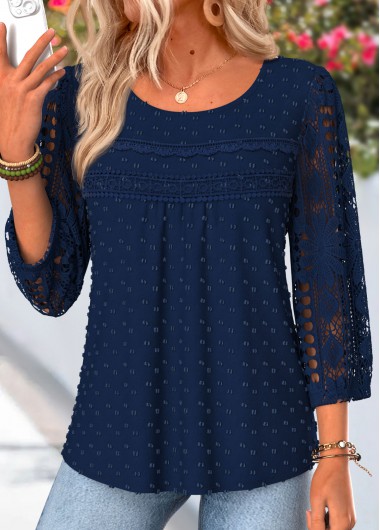 women clothes image of Navy Shirred 3/4 Sleeve Round Neck Blouse