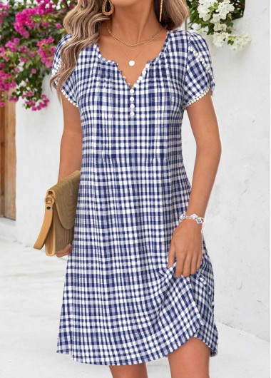 women clothes image of Navy Plaid Short Tuck Stitch Split Neck Dress