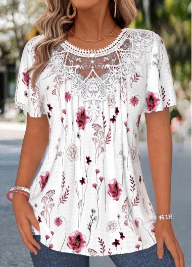 women clothes image of White Floral Print Patchwork Short Sleeve T Shirt