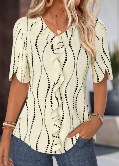 women clothes image of Light Yellow Polka Dot Ruffle Half Sleeve Blouse
