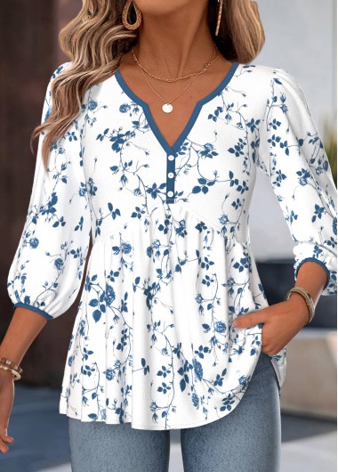 women clothes image of White Floral Print Curved Hem 3/4 Sleeve Blouse