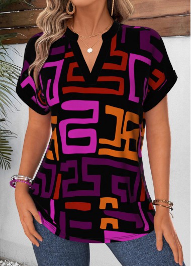 women clothes image of Black Geometric Print Short Sleeve Split Neck Blouse