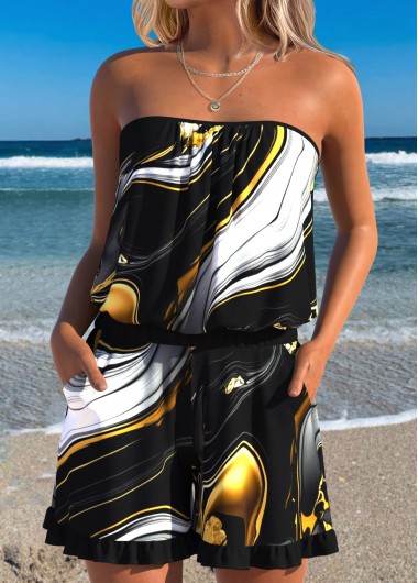 women clothes image of Black Ruffle Tropical Plants Print One Piece Swimwear