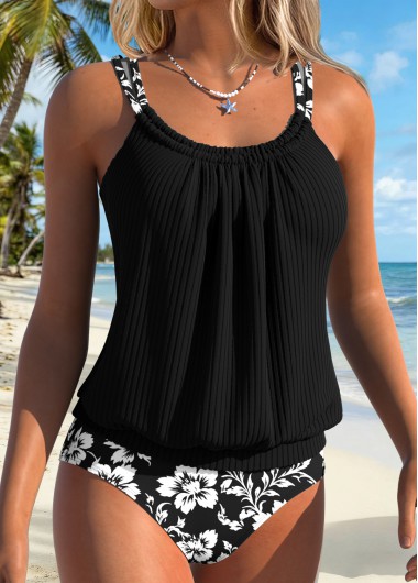 women clothes image of Black Mid Waisted Drawstring Floral Print Tankini Set
