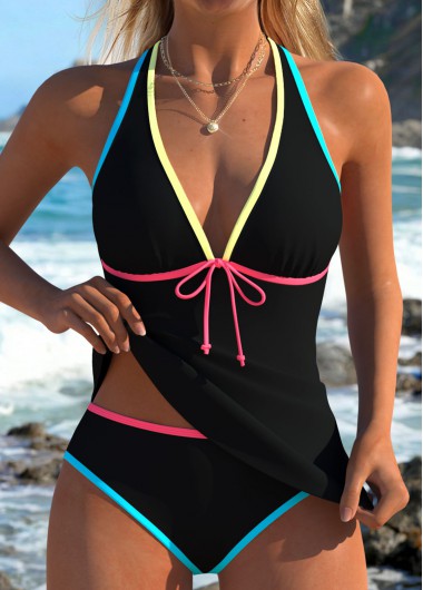women clothes image of Black Mid Waisted Drawstring Tankini Set