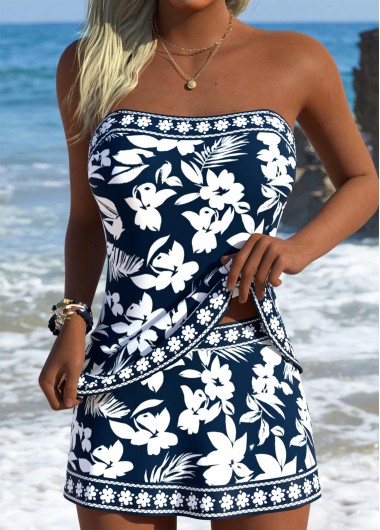 women clothes image of Navy Mid Waisted Tummy Coverage Floral Print Tankini Set