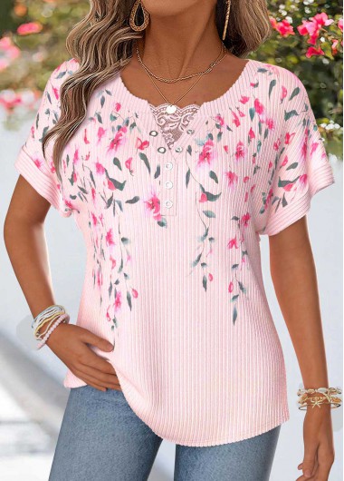 women clothes image of Pink Floral Print Patchwork Short Sleeve T Shirt