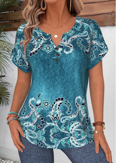 women clothes image of Dusty Blue Paisley Print Tummy Coverage Short Sleeve Blouse