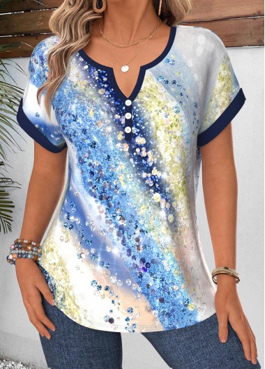 women clothes image of Blue Galaxy Print Button Short Sleeve Split Neck Blouse