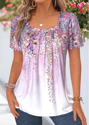 women clothes image of Purple Floral Print Short Sleeve Square Neck T Shirt