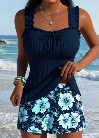 women clothes image of Navy Mid Waisted Frill Floral Print Tankini Set