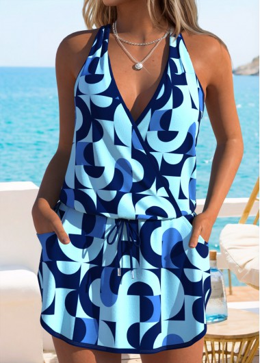 women clothes image of Navy Mid Waisted Criss Cross Geometric Print Tankini Set