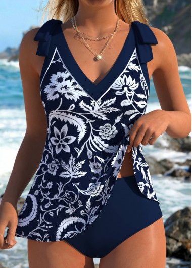 women clothes image of Navy Mid Waisted Bowknot Random Floral Print Tankini Set