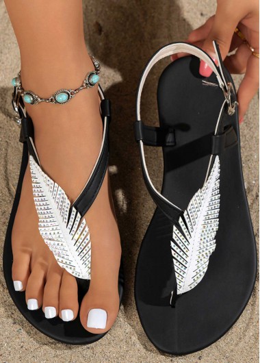 women clothes image of Black Feathers Print Open Toe Falt