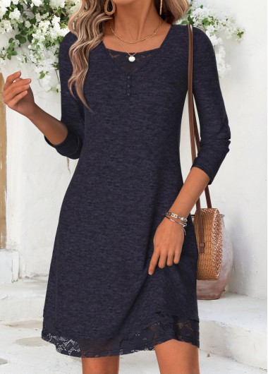 women clothes image of Navy Short Long Sleeve Square Neck Dress