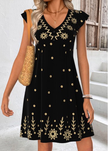 women clothes image of Black Floral Print Short Shirred V Neck Dress