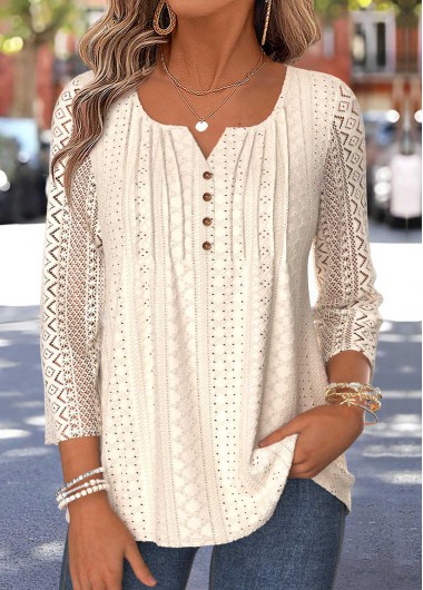 women clothes image of Beige Tuck Stitch 3/4 Sleeve Split Neck Blouse