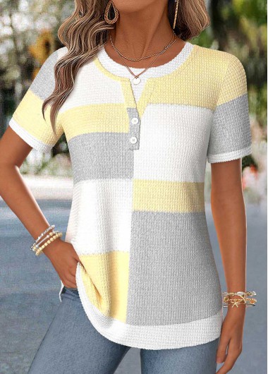 women clothes image of Light Yellow Geometric Print Patchwork Short Sleeve T Shirt
