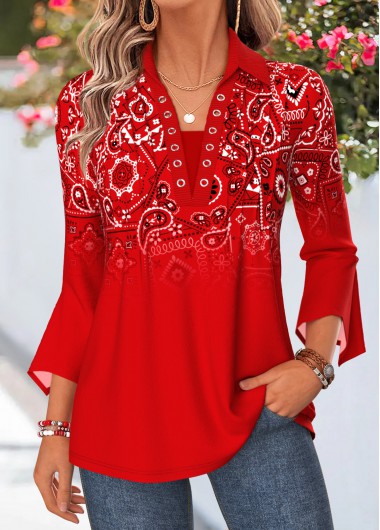 women clothes image of Red Patchwork Curved Hem 3/4 Sleeve Polo Collar Blouse