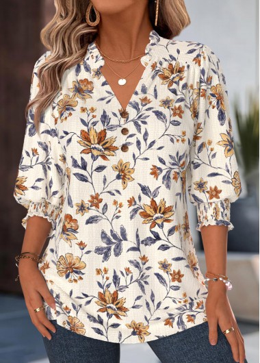 women clothes image of Beige Floral Print Curved Hem 3/4 Sleeve Blouse