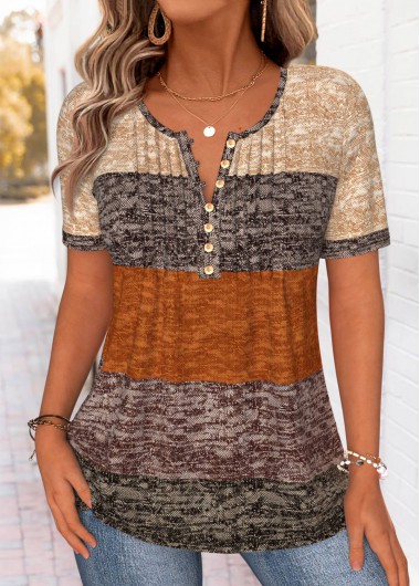 women clothes image of Dark Camel Striped Curved Hem Short Sleeve T Shirt