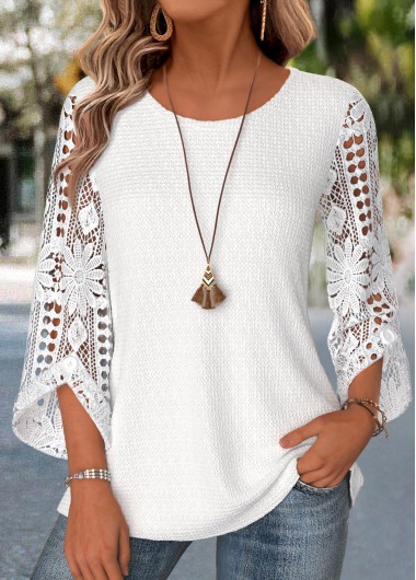 women clothes image of White Patchwork 3/4 Sleeve Round Neck Blouse