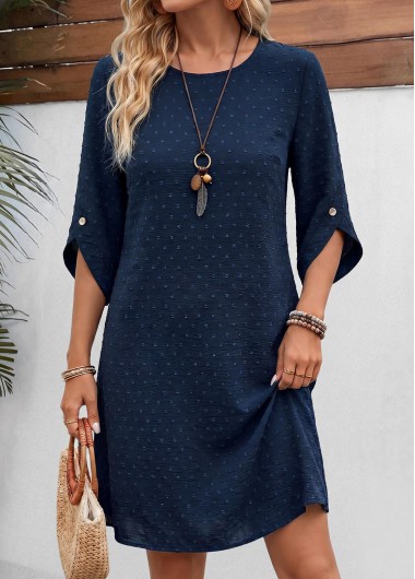 women clothes image of Navy Short Tummy Coverage 3/4 Sleeve Round Neck Dress