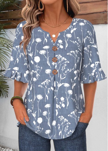 women clothes image of Blue Leaf Print Frill Half Sleeve Split Neck Blouse