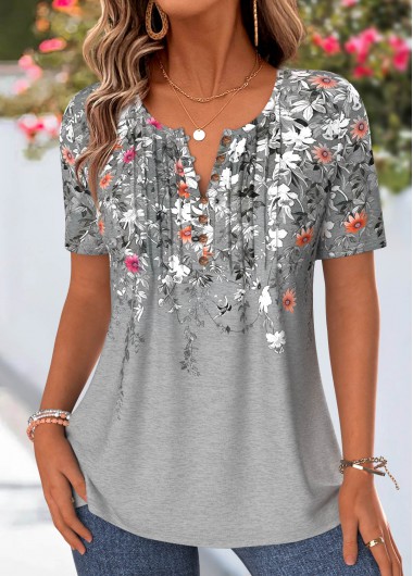 women clothes image of Grey Floral Print Tuck Stitch Short Sleeve T Shirt
