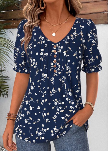 women clothes image of Navy Floral Print Curved Hem Short Sleeve T Shirt
