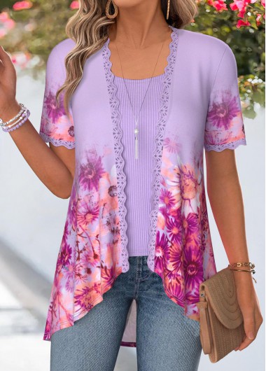 women clothes image of Purple Floral Print Short Sleeve Fake Two Piece Twinset