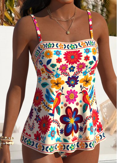 women clothes image of Beige Mid Waisted Tribal Print Tankini Set