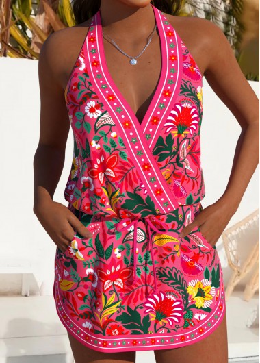 women clothes image of Hot Pink High Waisted Fake 2in1 Tankini Set