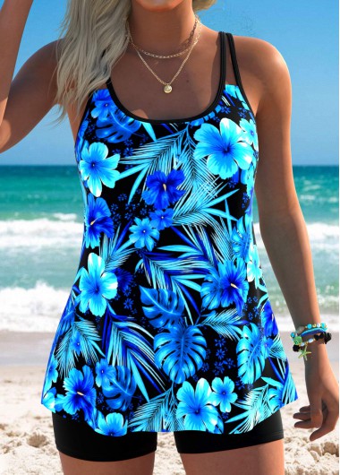women clothes image of Cyan Tummy Coverage Tropical Plants Print Tankini Top