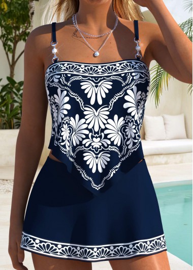 women clothes image of Navy Mid Waisted Bowknot Random Floral Print Tankini Set