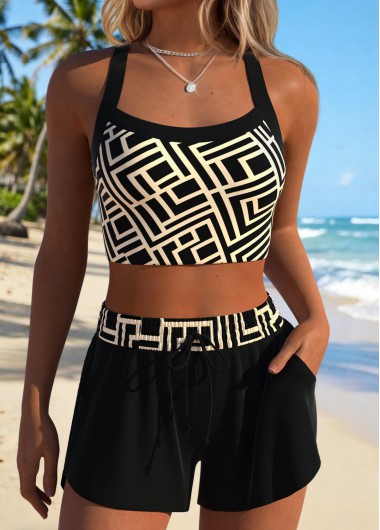 women clothes image of Black Mid Waisted Patchwork Geometric Print Bikini Set