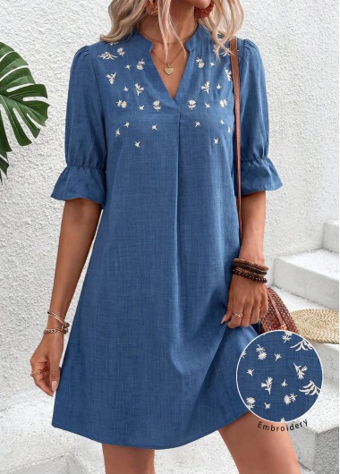 women clothes image of Denim Blue Floral Print Short Tummy Coverage Dress