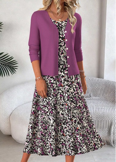 women clothes image of Dusty Purple Floral Print Two-piece Dress and Cardigan