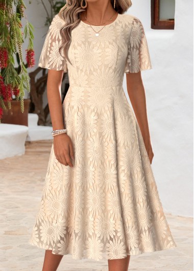 women clothes image of Beige Tummy Coverage Short Sleeve Round Neck Dress