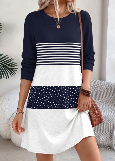 women clothes image of Navy Geometric Print Short Patchwork Long Sleeve Dress