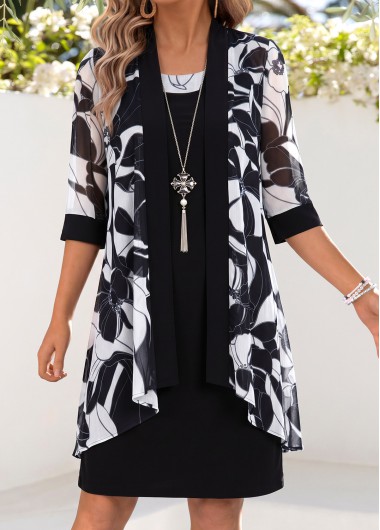women clothes image of Black Floral Print Tummy Coverage Dress and Cardigan