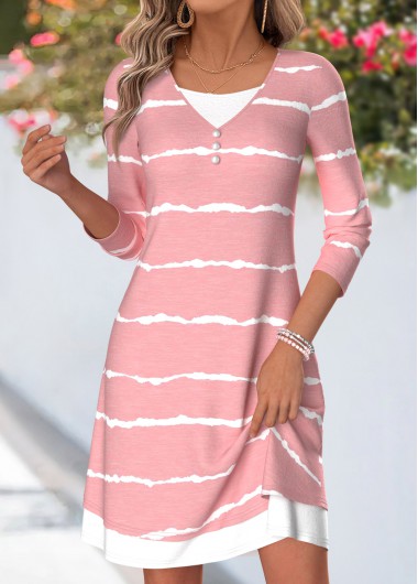 women clothes image of Pink Tie Dye Print Fake 2in1 Long Sleeve Dress